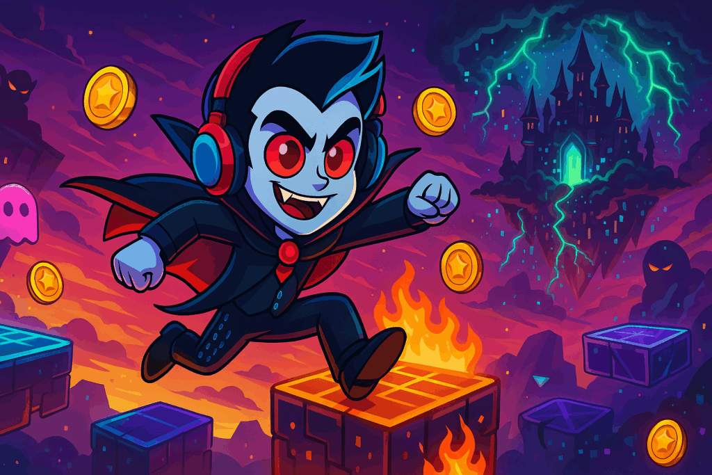 Ilustración del youtuber vampiro Drácula-D haciendo acrobacias y parkour para su canal de streaming.
